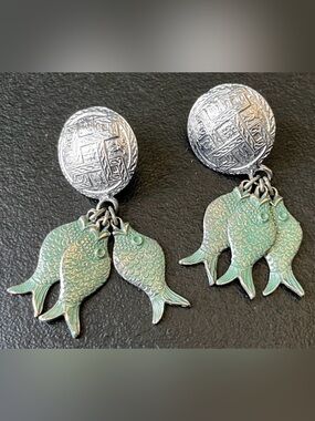 3 Fish Luck Silver Button Earrings Coastal Patina Green Fish Charms Dangle 2”